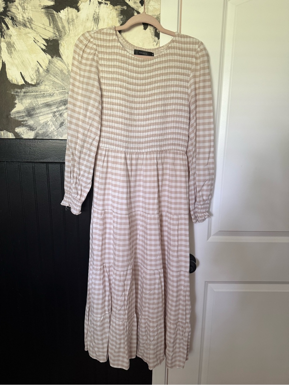 Amazon Beige Gingham Long Sleeve Smocked Midi Dress